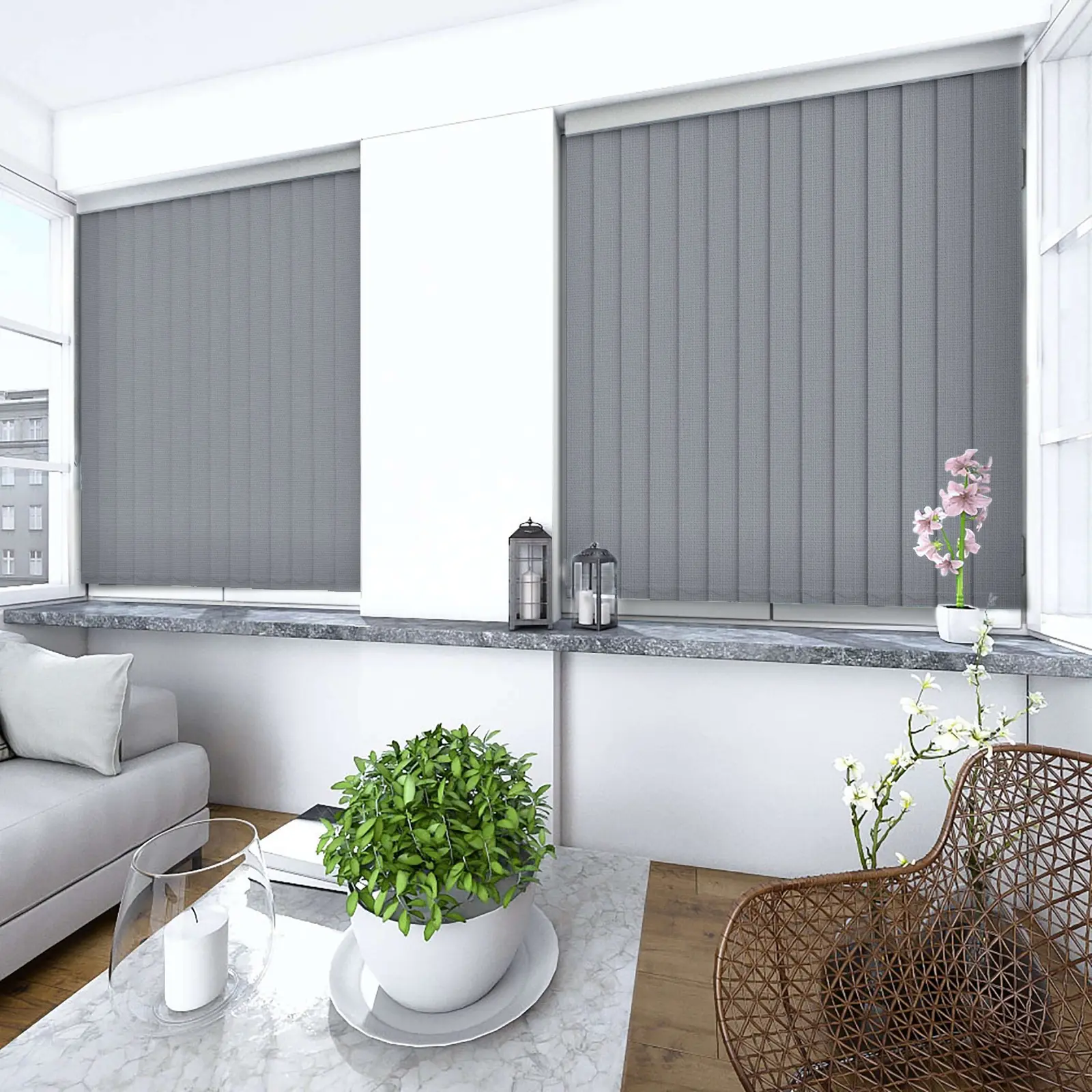 Vertical blinds across a kitchen patio door