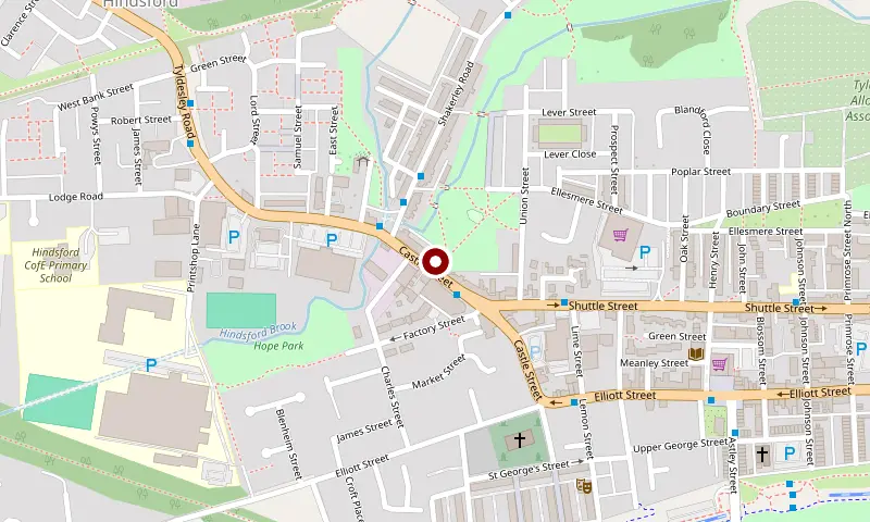 Map showing M.J. Blinds at 45 Castle Street, Tyldesley